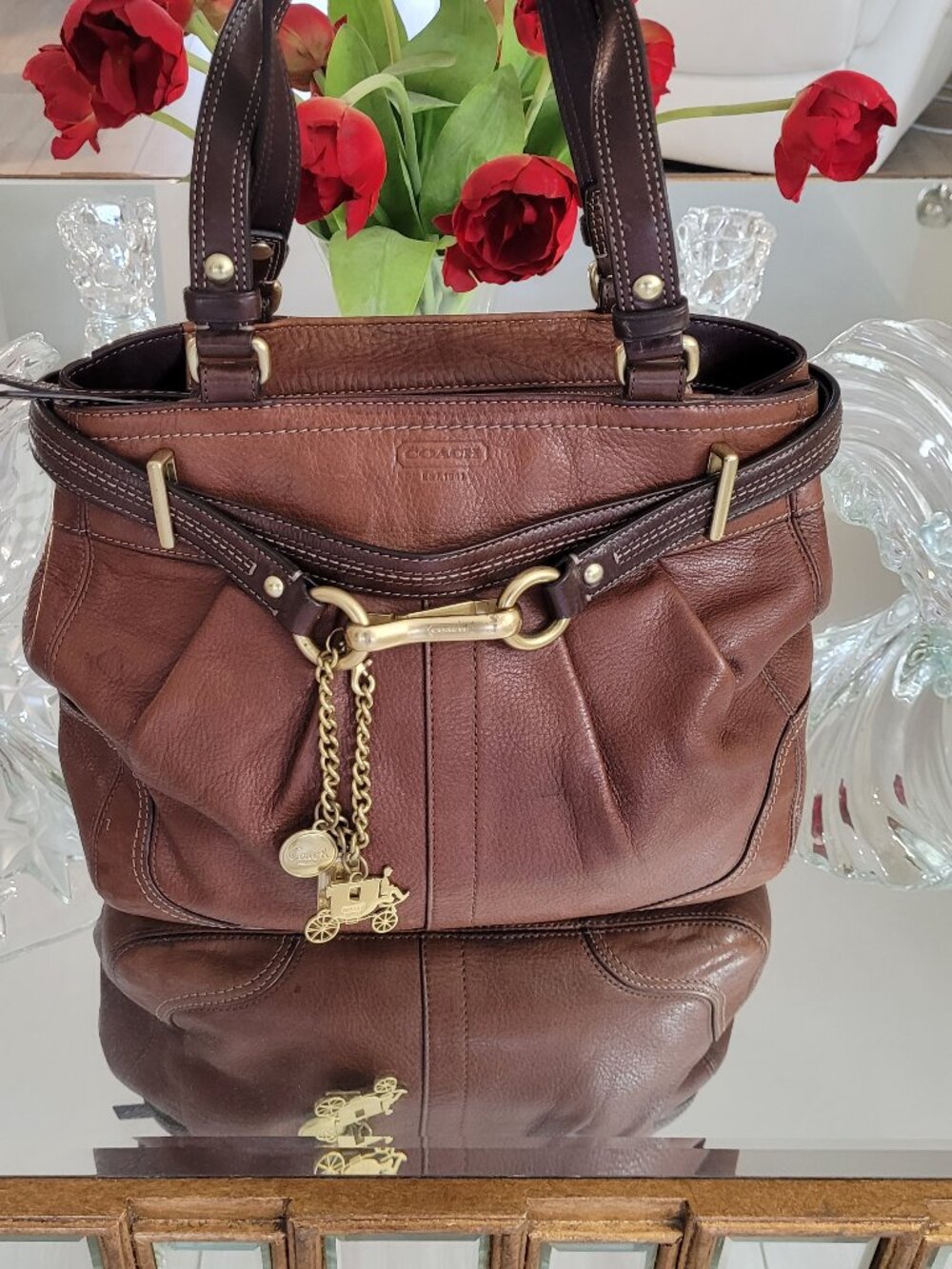 COACH* Rare* Y2K*Two Toned*Pebbled Leather*Hampton Handbag*Cognac/Brown